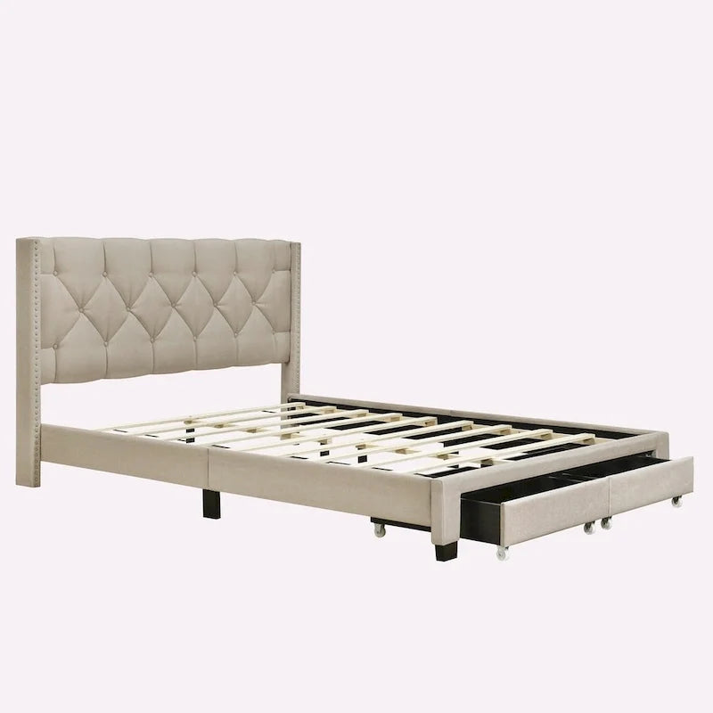 Queen Size Linen Platform Bed with 2 Drawers