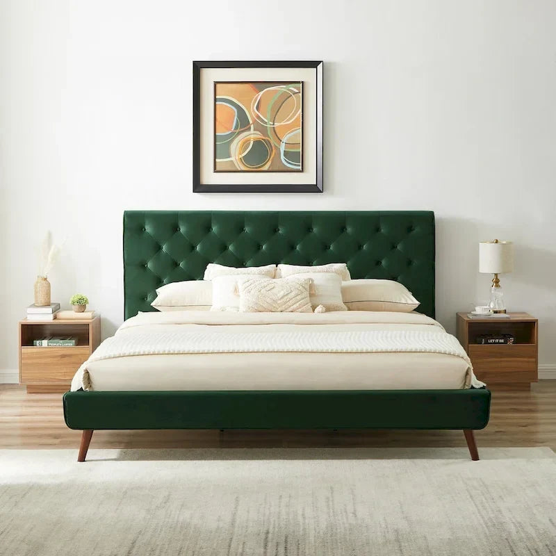 Lit plateforme Annalisa en velours vert foncé de style moderne du milieu du siècle