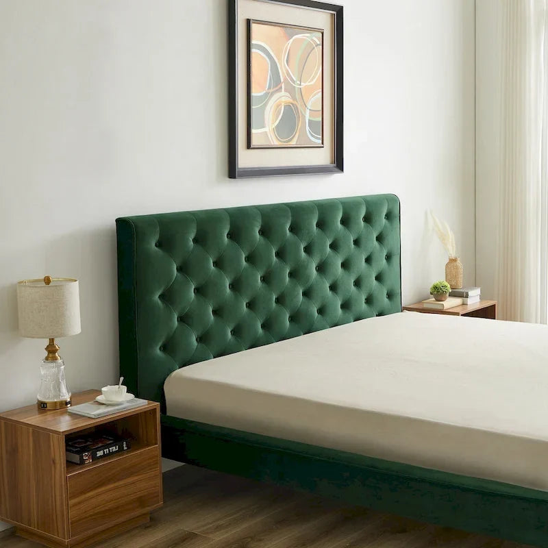 Lit plateforme Annalisa en velours vert foncé de style moderne du milieu du siècle