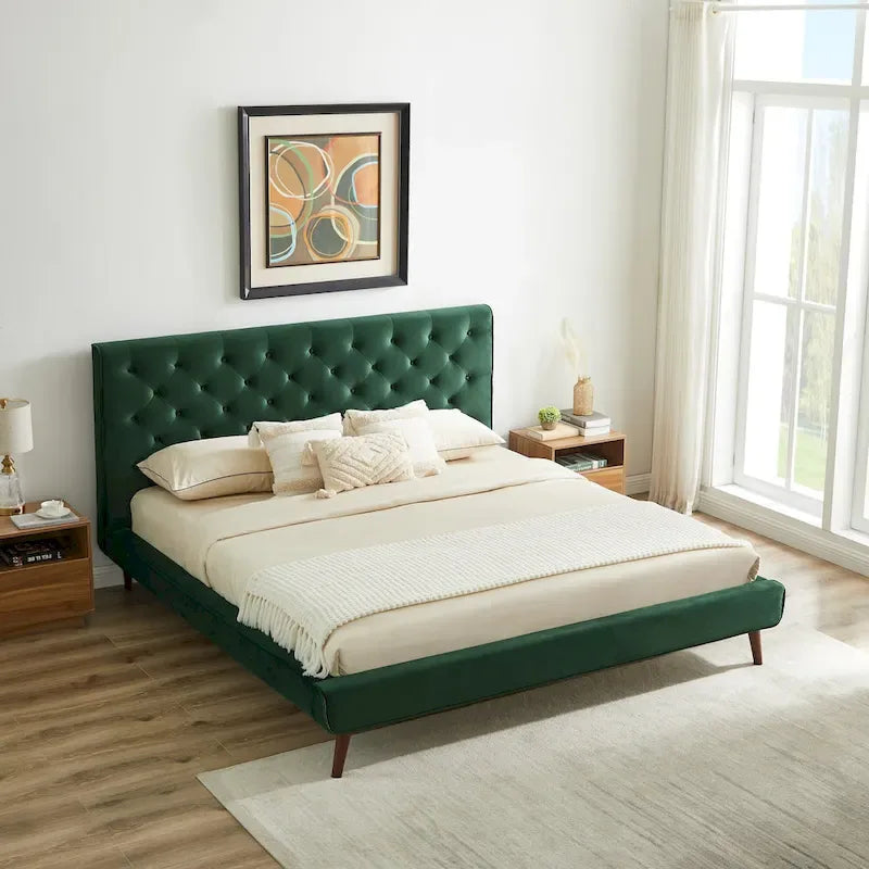 Lit plateforme Annalisa en velours vert foncé de style moderne du milieu du siècle