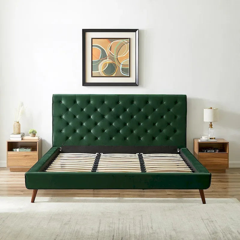 Lit plateforme Annalisa en velours vert foncé de style moderne du milieu du siècle