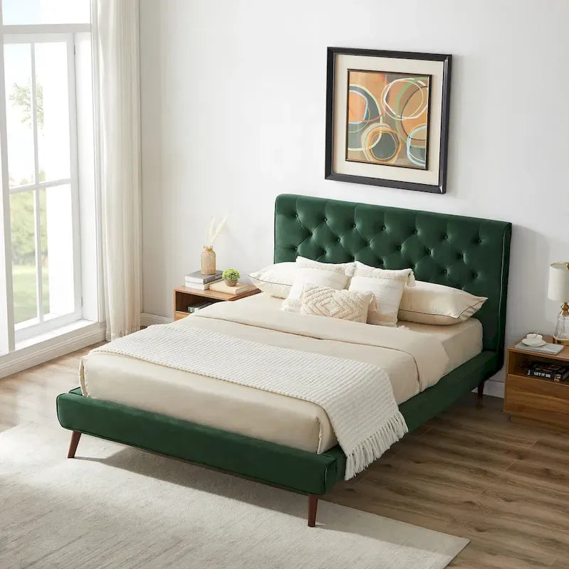 Lit plateforme Annalisa en velours vert foncé de style moderne du milieu du siècle