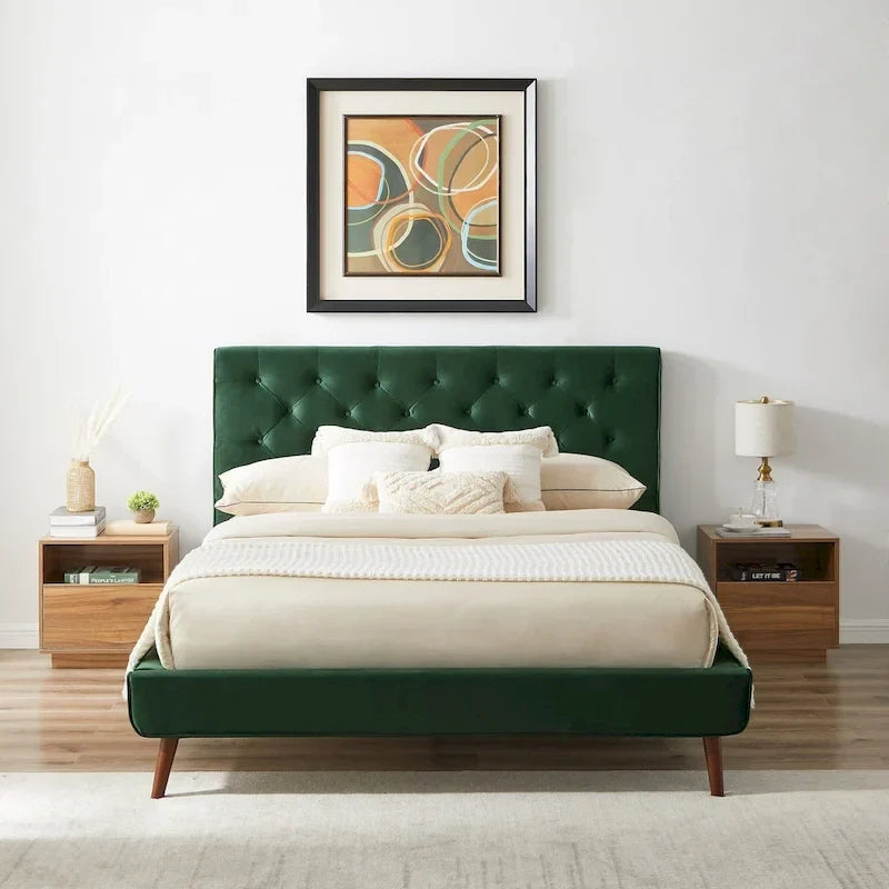 Lit plateforme Annalisa en velours vert foncé de style moderne du milieu du siècle