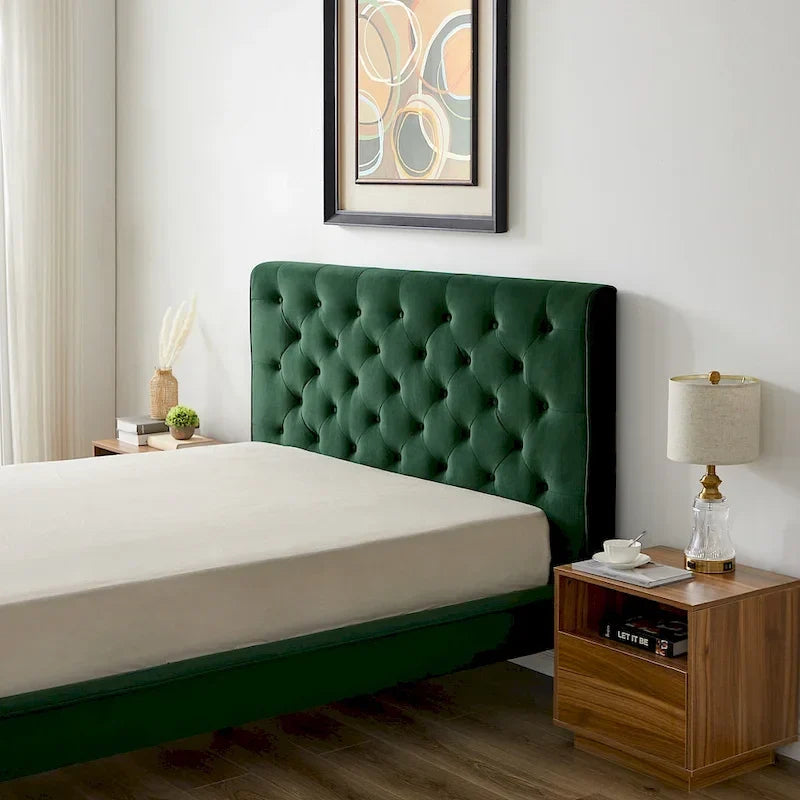 Lit plateforme Annalisa en velours vert foncé de style moderne du milieu du siècle