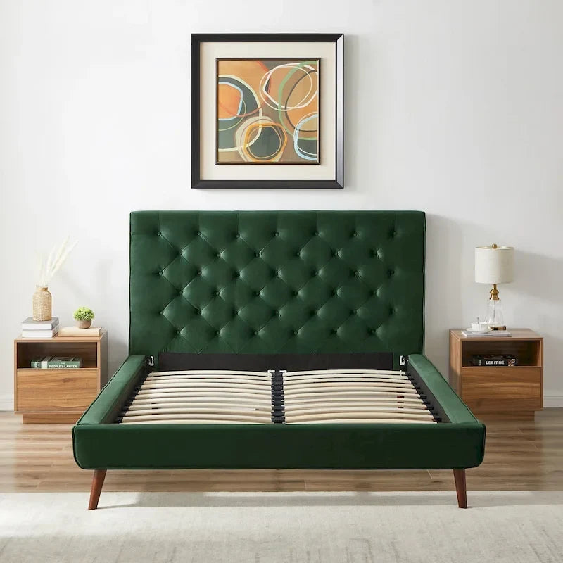 Lit plateforme Annalisa en velours vert foncé de style moderne du milieu du siècle