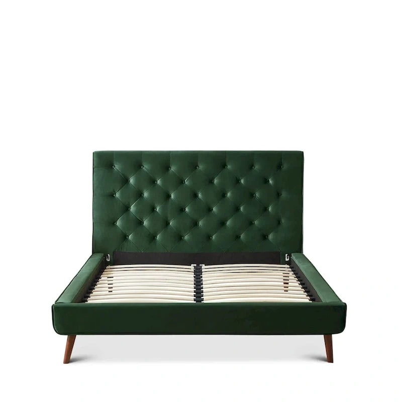Lit plateforme Annalisa en velours vert foncé de style moderne du milieu du siècle