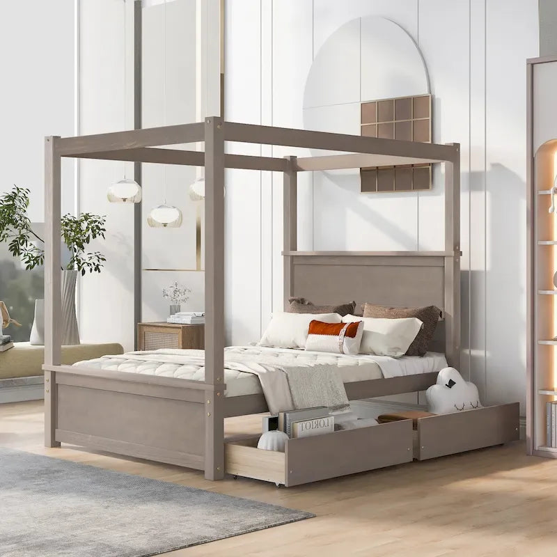 Letto a baldacchino in legno a grandezza naturale con due cassetti