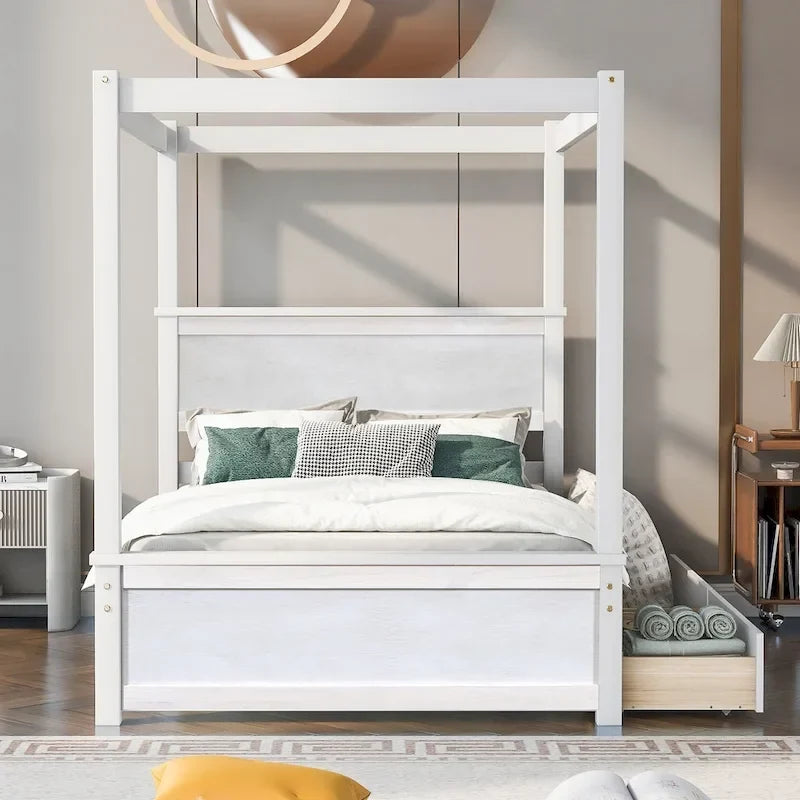 Letto a baldacchino in legno a grandezza naturale con due cassetti