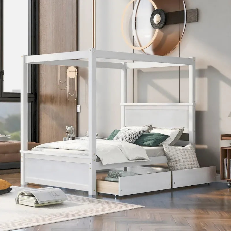 Letto a baldacchino in legno a grandezza naturale con due cassetti