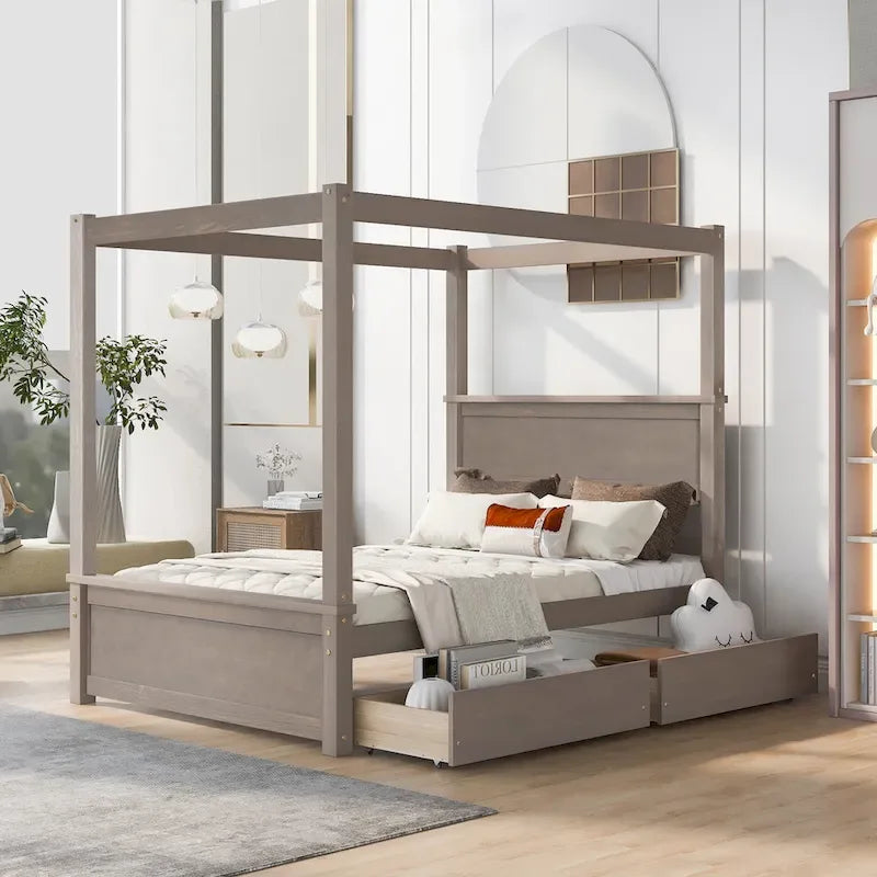 Letto a baldacchino in legno a grandezza naturale con due cassetti