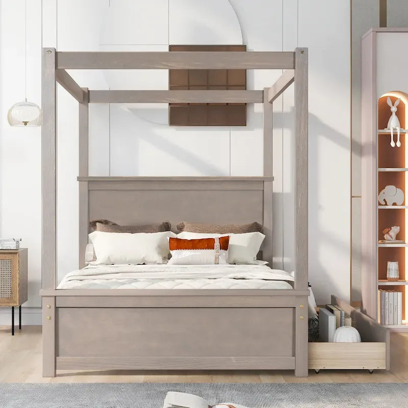 Letto a baldacchino in legno a grandezza naturale con due cassetti
