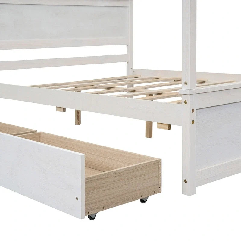 Letto a baldacchino in legno a grandezza naturale con due cassetti