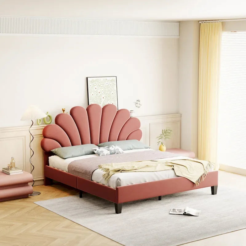 Lit plateforme rembourré avec tête de lit à motif floral