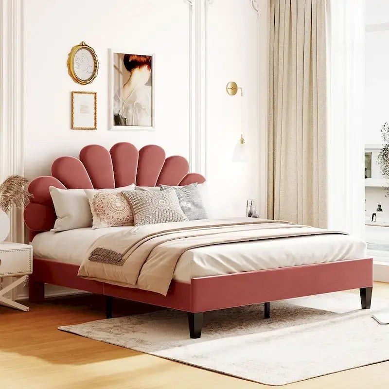 Lit plateforme rembourré avec tête de lit à motif floral
