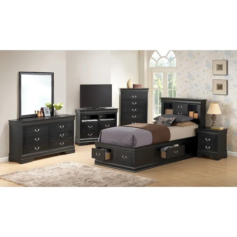 Lit plateforme double Louis-Philippe avec rangement et 6 tiroirs de rangement