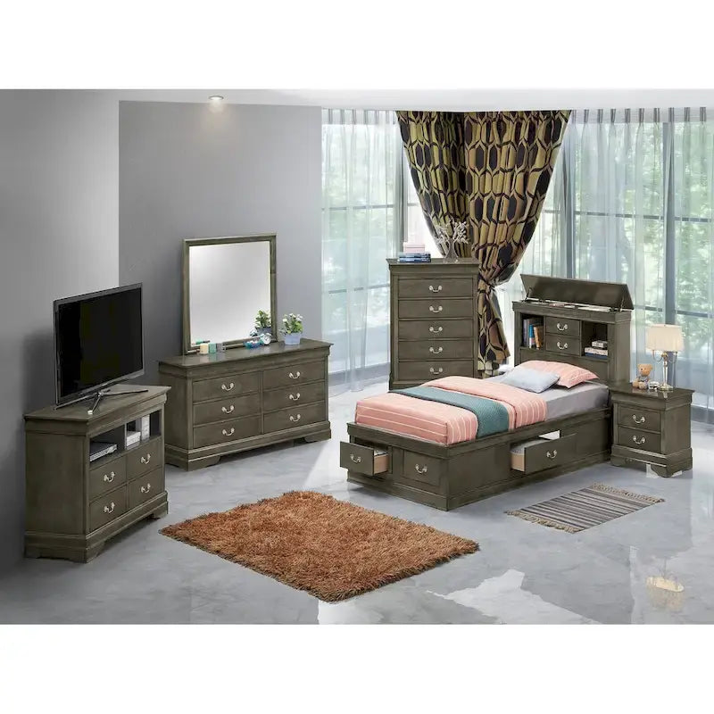 Lit plateforme double Louis-Philippe avec rangement et 6 tiroirs de rangement