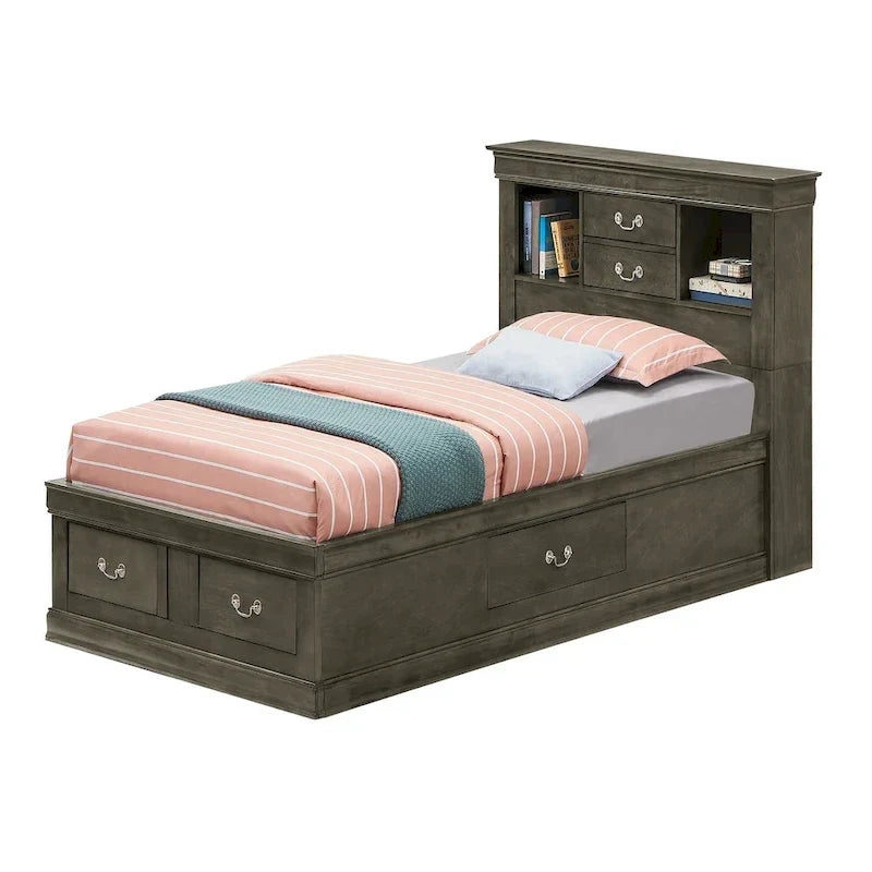 Lit plateforme double Louis-Philippe avec rangement et 6 tiroirs de rangement