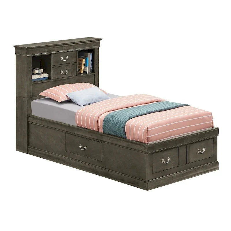 Lit plateforme double Louis-Philippe avec rangement et 6 tiroirs de rangement