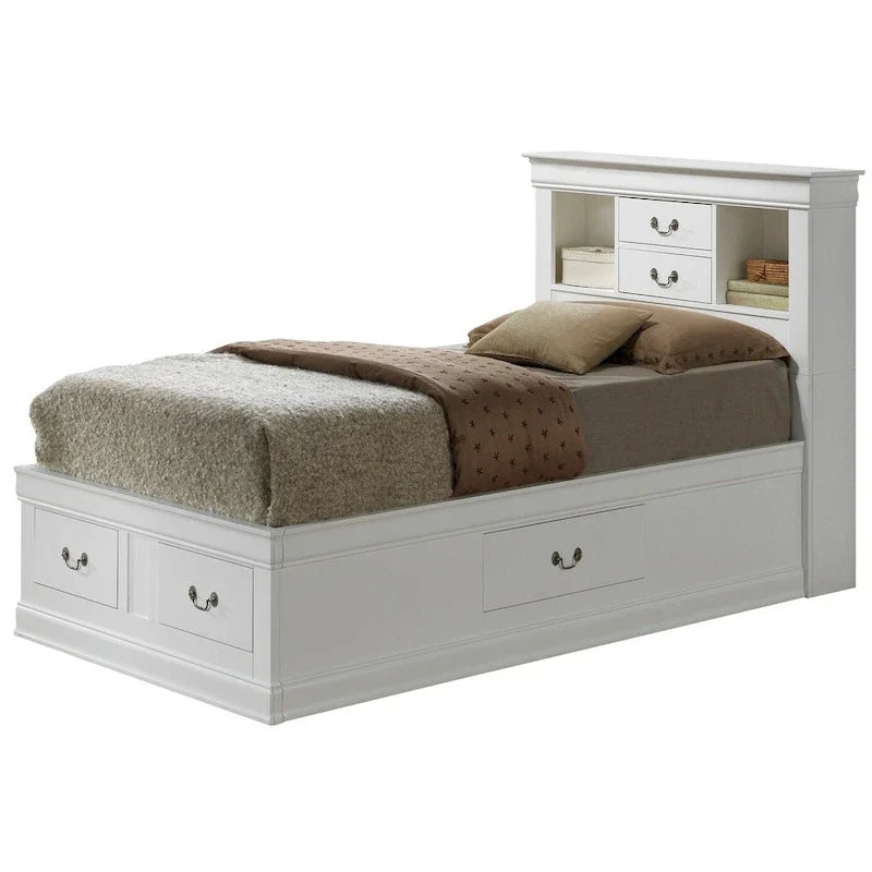 Lit plateforme double Louis-Philippe avec rangement et 6 tiroirs de rangement