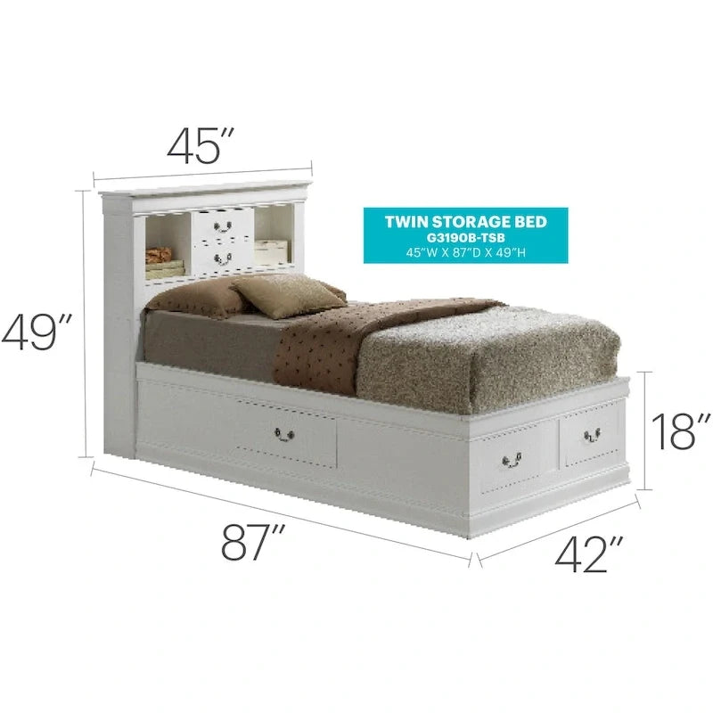 Lit plateforme double Louis-Philippe avec rangement et 6 tiroirs de rangement