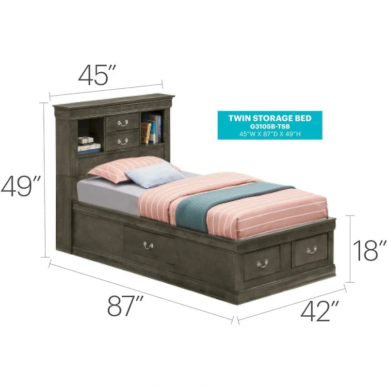Lit plateforme double Louis-Philippe avec rangement et 6 tiroirs de rangement