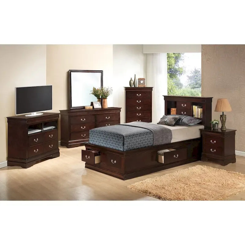 Lit plateforme double Louis-Philippe avec rangement et 6 tiroirs de rangement