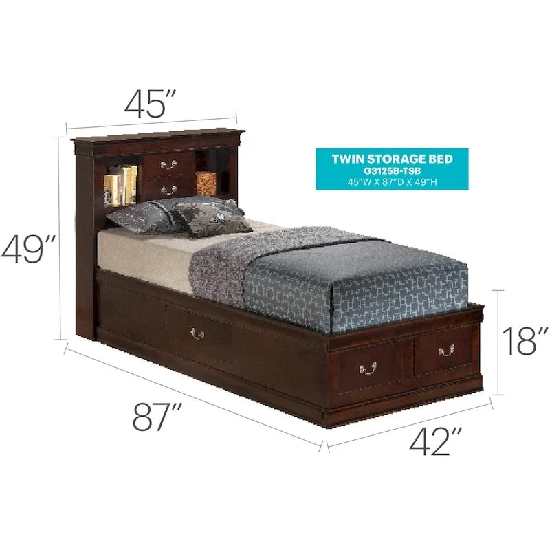 Lit plateforme double Louis-Philippe avec rangement et 6 tiroirs de rangement