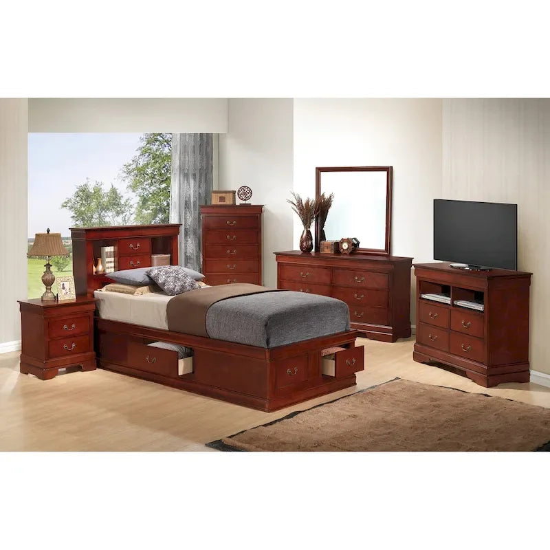 Lit plateforme double Louis-Philippe avec rangement et 6 tiroirs de rangement