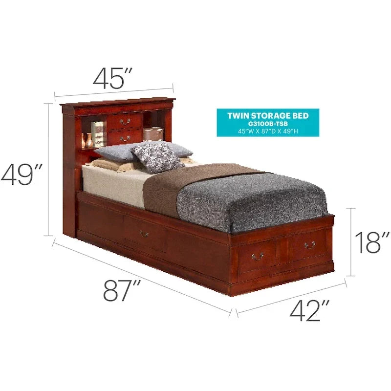 Lit plateforme double Louis-Philippe avec rangement et 6 tiroirs de rangement