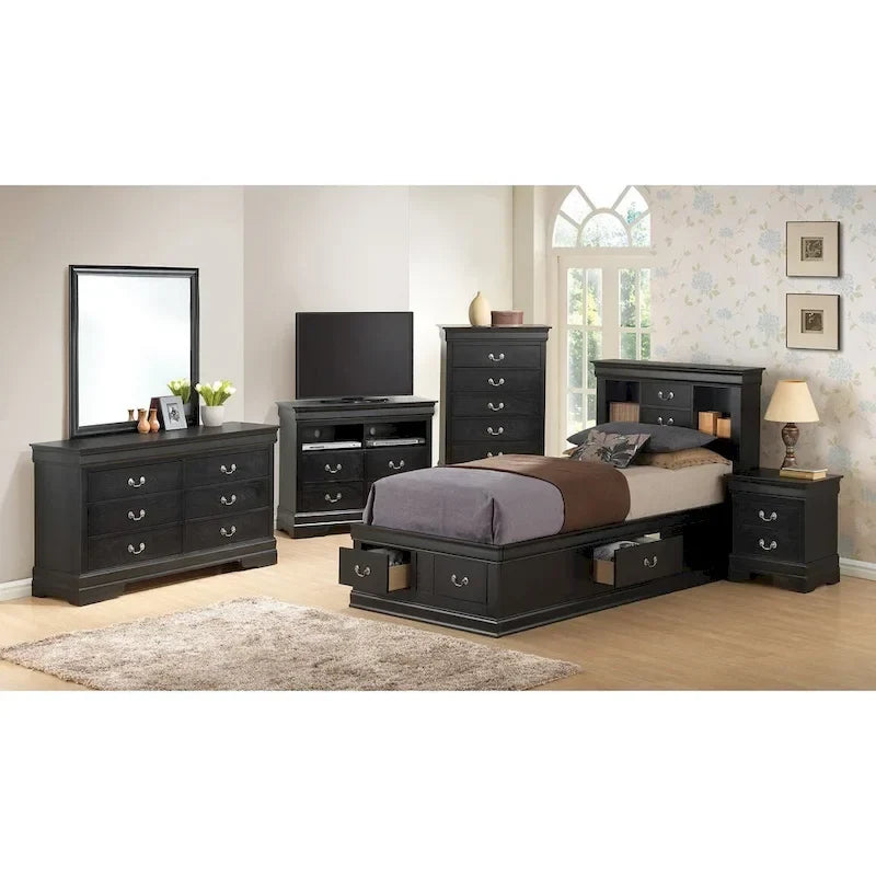 Lit plateforme double Louis-Philippe avec rangement et 6 tiroirs de rangement