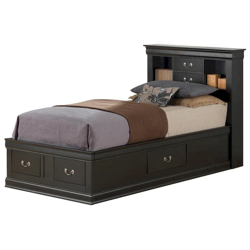 Lit plateforme double Louis-Philippe avec rangement et 6 tiroirs de rangement