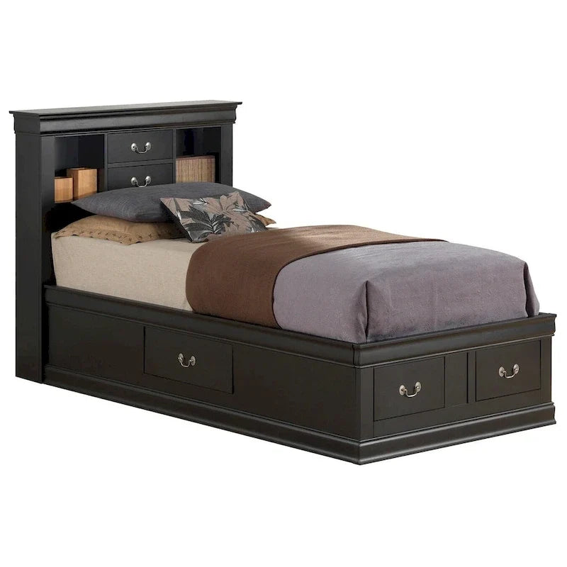 Lit plateforme double Louis-Philippe avec rangement et 6 tiroirs de rangement