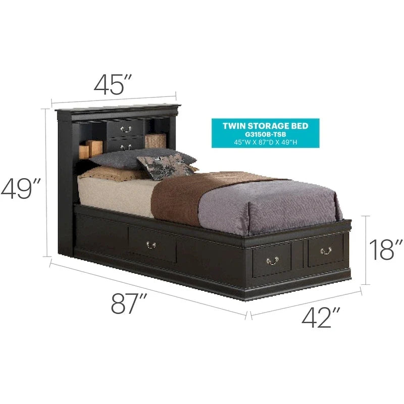 Lit plateforme double Louis-Philippe avec rangement et 6 tiroirs de rangement
