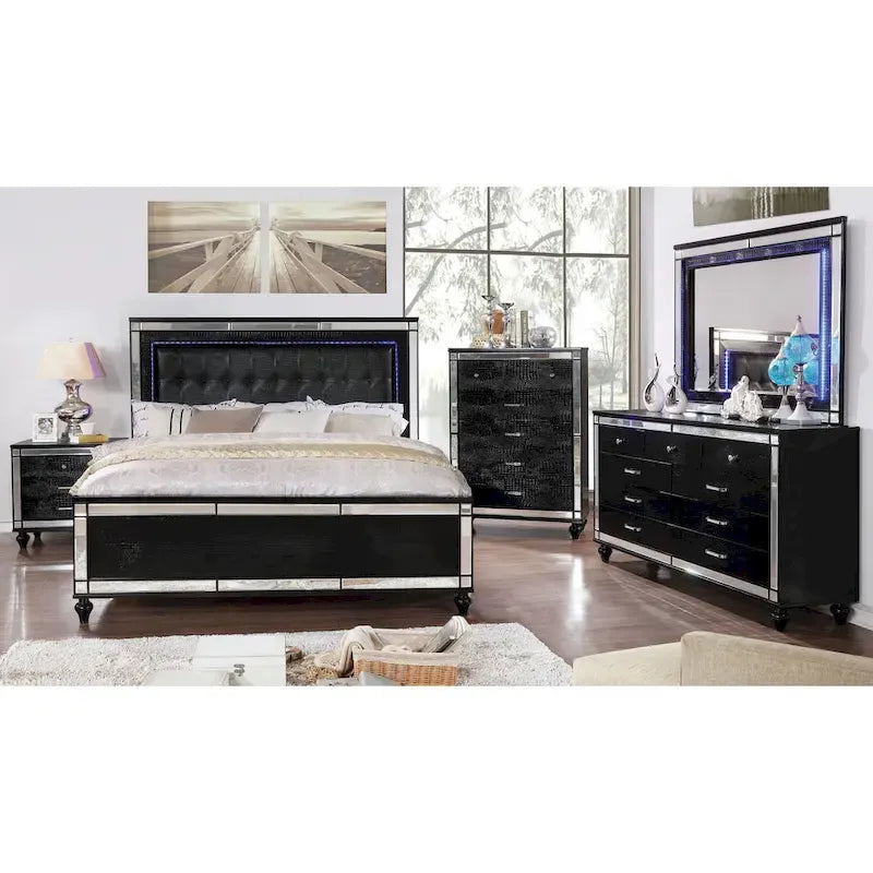 Lit rembourré capitonné en bois massif moderne Derc avec LED par Furniture of America