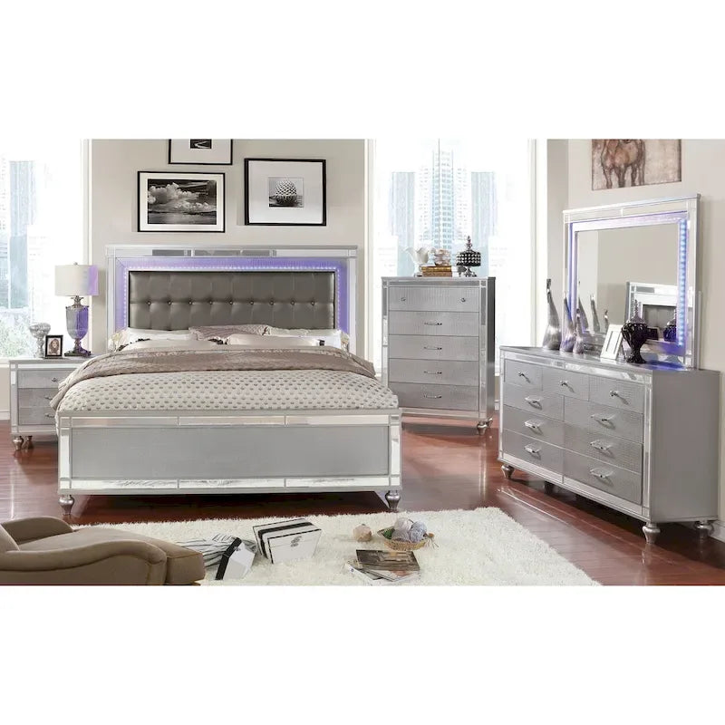 Lit rembourré capitonné en bois massif moderne Derc avec LED par Furniture of America