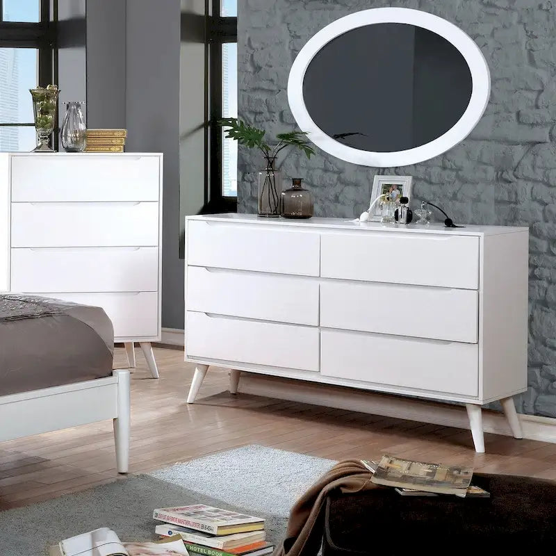 Comò a 6 cassetti in legno massiccio Mid-Century Modern Fopp in 2 pezzi con specchio ovale di Furniture of America