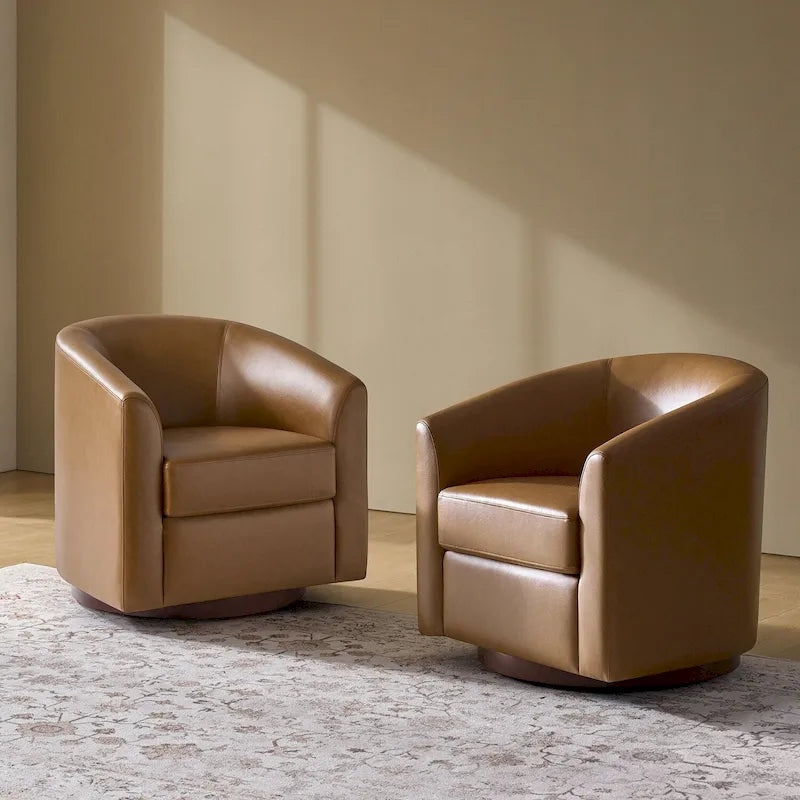 Haley Modern Swivel Barrel Faux Leather Chair with Solid Wood Base Set of 2 by HULALA HOME