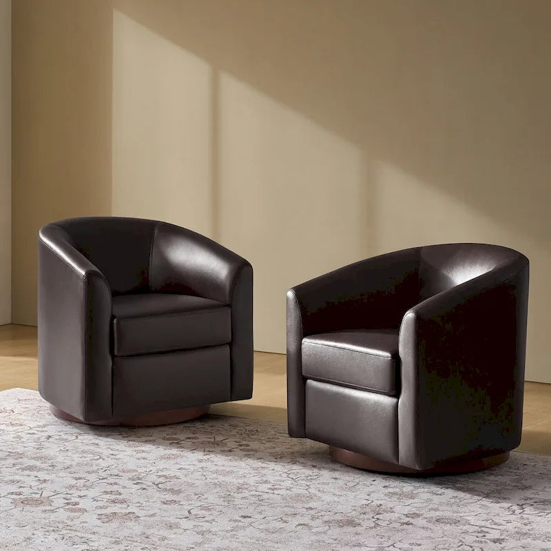 Haley Modern Swivel Barrel Faux Leather Chair with Solid Wood Base Set of 2 by HULALA HOME