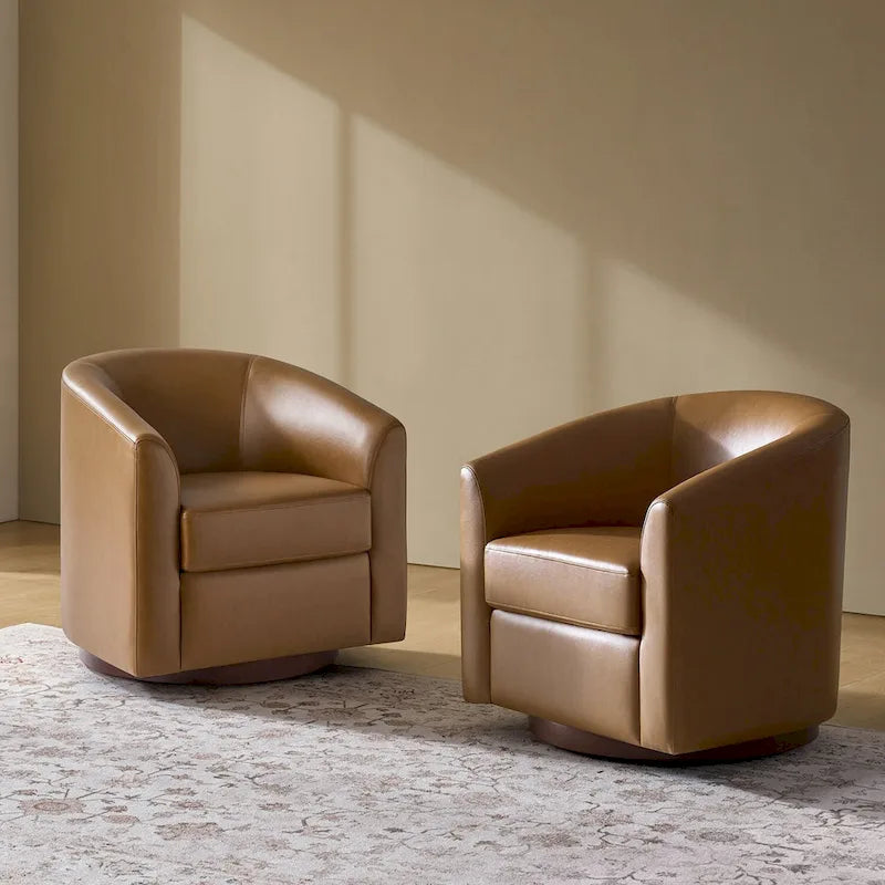 Haley Modern Swivel Barrel Faux Leather Chair with Solid Wood Base Set of 2 by HULALA HOME