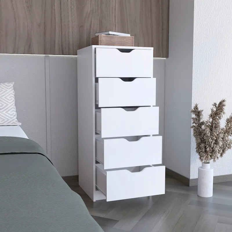 Comodino alto a 5 cassetti con sistema estraibile