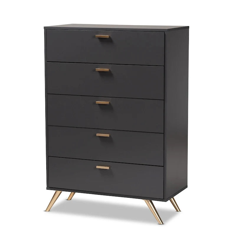 Commode à 5 tiroirs Kelson en bois gris foncé et doré