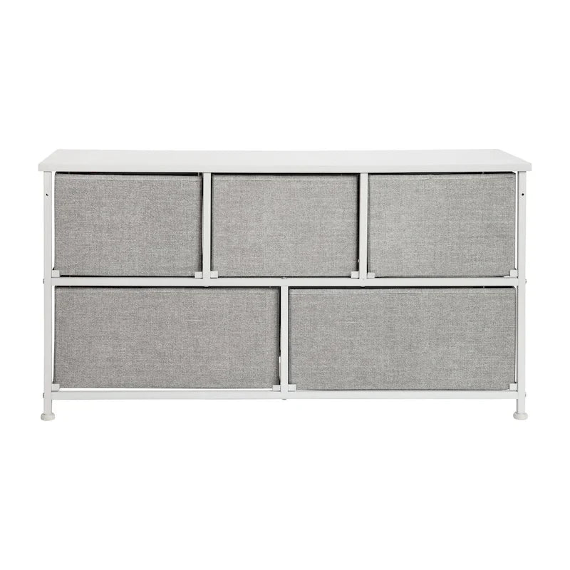 Commode de rangement à 5 tiroirs avec plateau en bois et tiroirs en tissu foncé