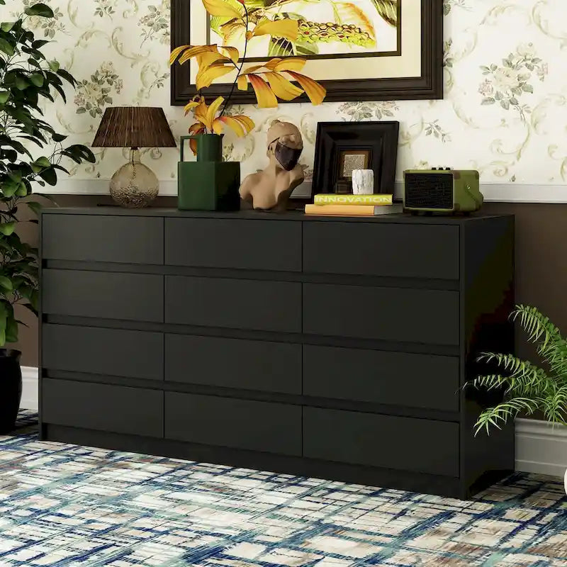 Commode à 12 tiroirs pour chambre avec tiroirs profonds, grande commode en bois sur pied