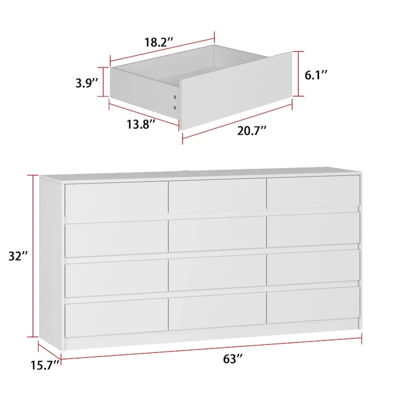 Commode à 12 tiroirs pour chambre avec tiroirs profonds, grande commode en bois sur pied