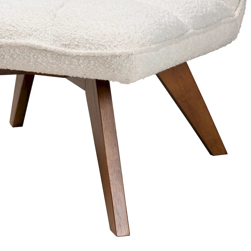 Fauteuil d'appoint Darielle Japandi en tissu bouclé crème et bois d'hévéa finition noyer