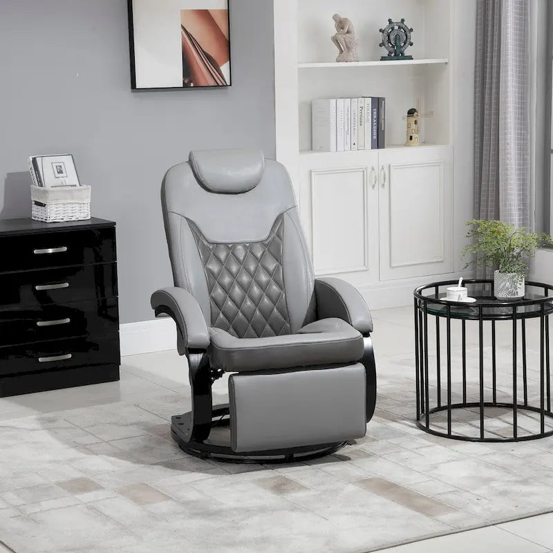 Fauteuil de relaxation HOMCOM en similicuir avec repose-pieds, appui-tête et base ronde en acier/bois pour salon ou bureau, gris