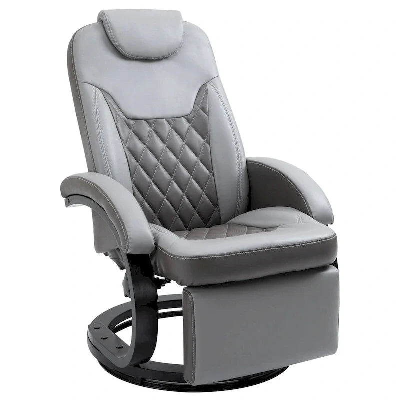 Fauteuil de relaxation HOMCOM en similicuir avec repose-pieds, appui-tête et base ronde en acier/bois pour salon ou bureau, gris