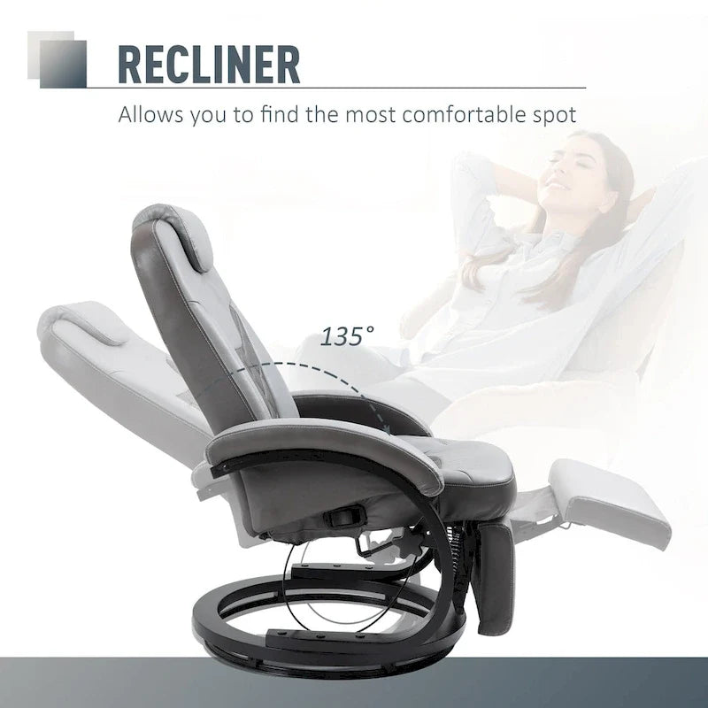 Fauteuil de relaxation HOMCOM en similicuir avec repose-pieds, appui-tête et base ronde en acier/bois pour salon ou bureau, gris