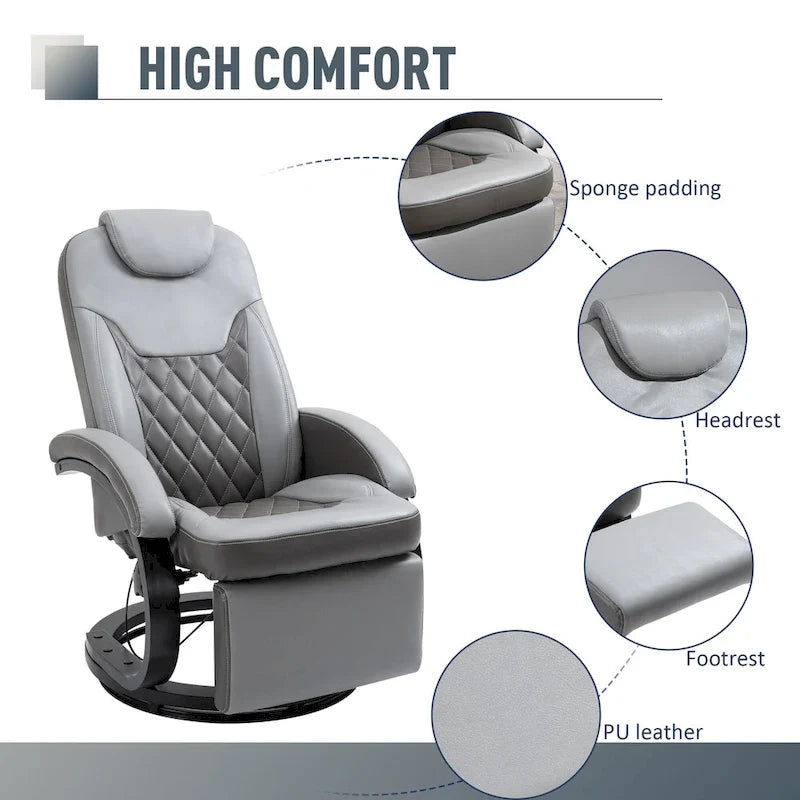 Fauteuil de relaxation HOMCOM en similicuir avec repose-pieds, appui-tête et base ronde en acier/bois pour salon ou bureau, gris