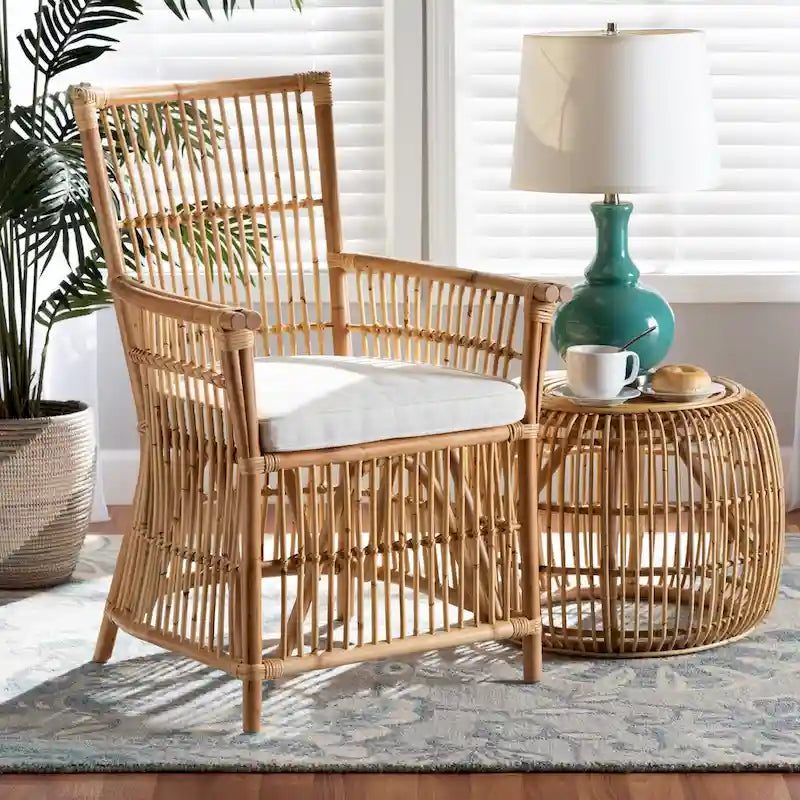 Rose Bohemian styled Upholstered Rattan Armchair-White/Natural Brown